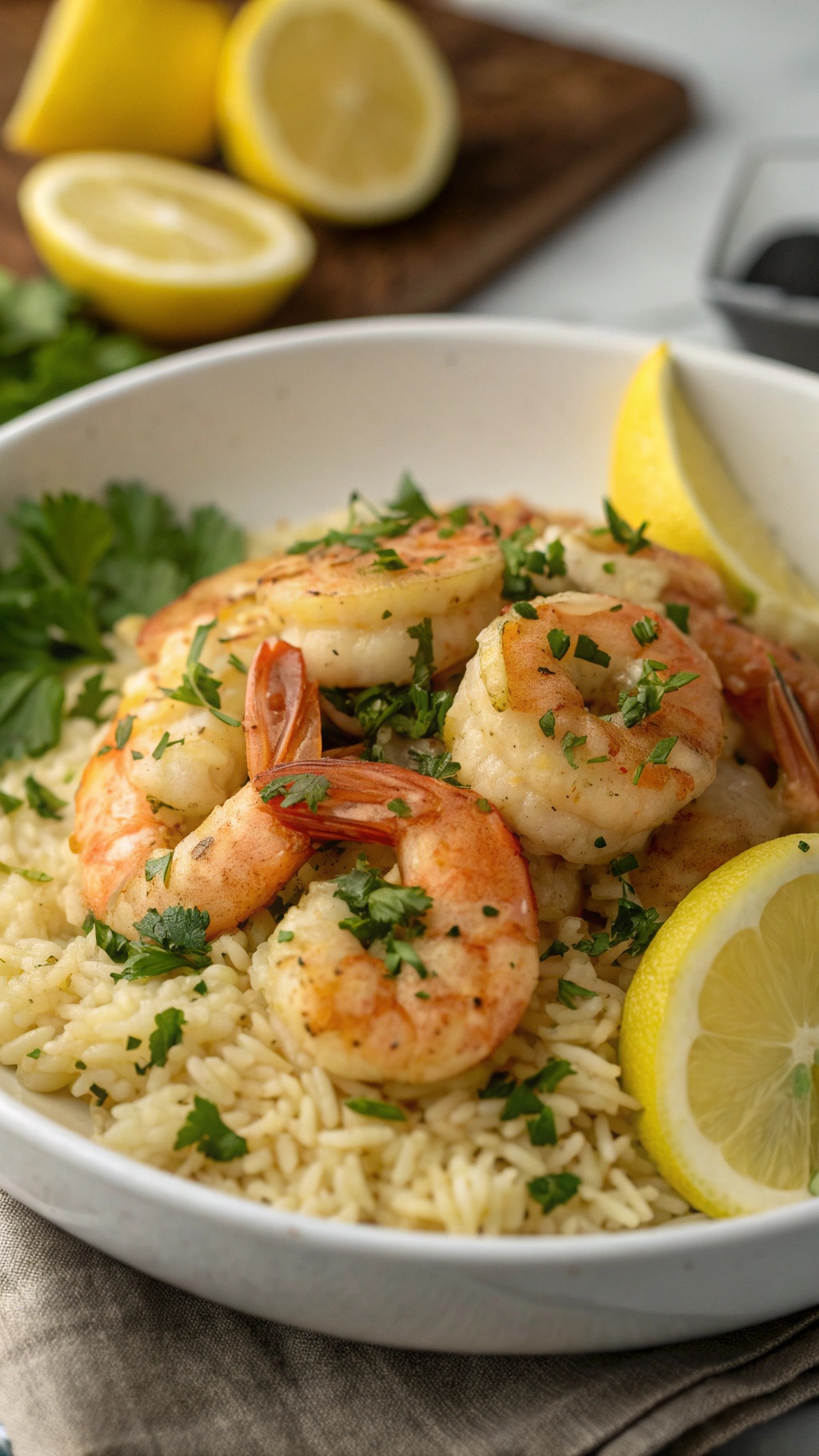 A bowl of lemon garlic shrimp served over rice, garnished with parsley and lemon wedges.