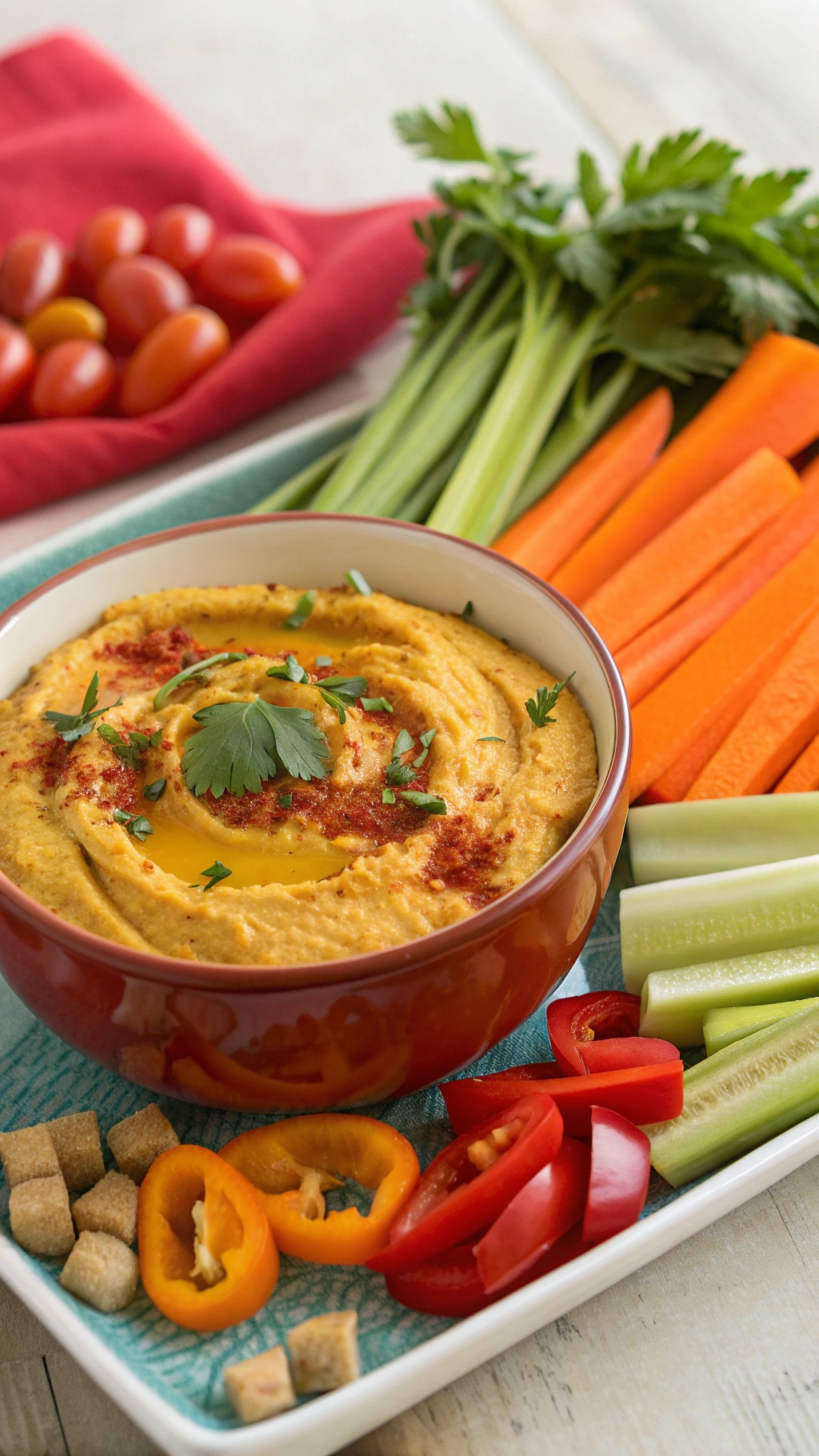 A bowl of zesty pumpkin hummus surrounded by fresh vegetables like carrots, celery, and bell peppers.