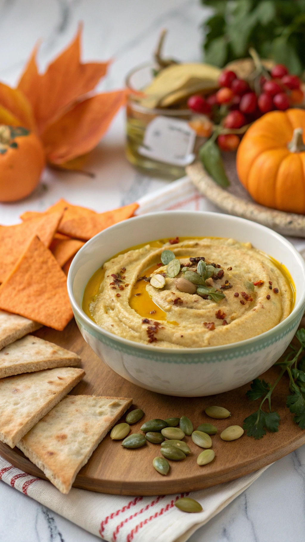 A bowl of zesty pumpkin hummus topped with olive oil and pumpkin seeds, surrounded by pita chips and sweet potato chips.