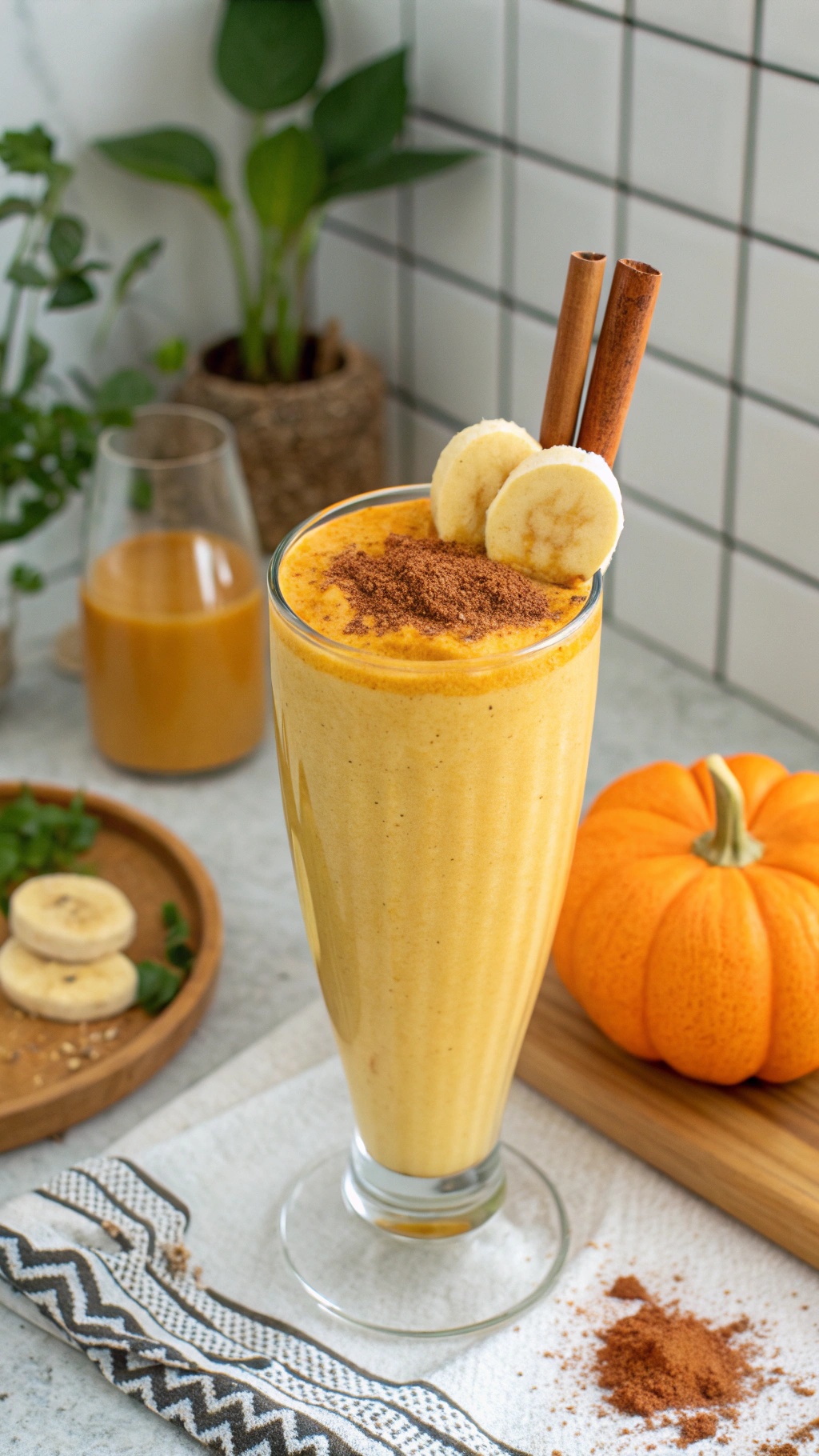 A tall glass of pumpkin smoothie topped with banana slices and cinnamon, with a pumpkin and ingredients in the background.