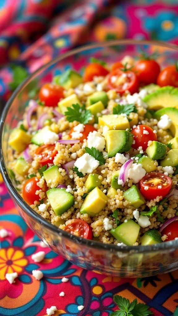 A colorful zesty quinoa salad with cherry tomatoes, cucumber, avocado, and feta cheese in a glass bowl.