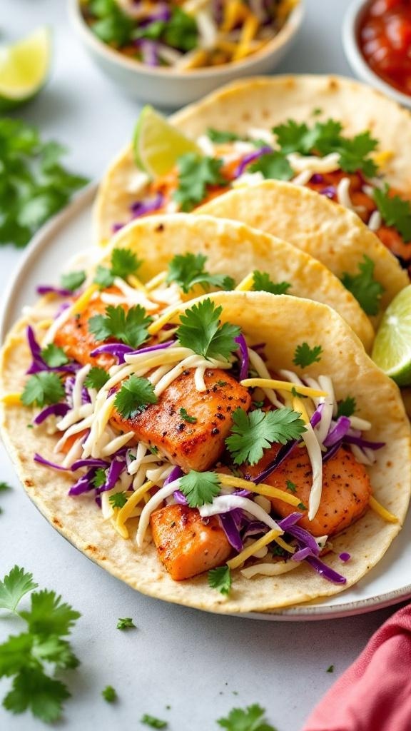 Zesty salmon tacos with cabbage slaw, garnished with cilantro and lime wedges.