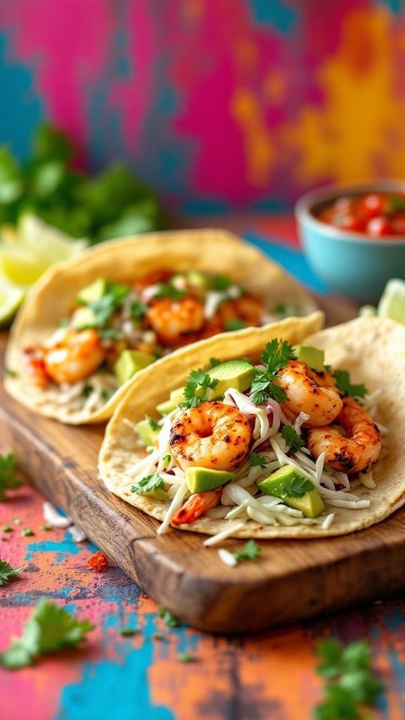 Zesty shrimp tacos with fresh ingredients on a colorful background