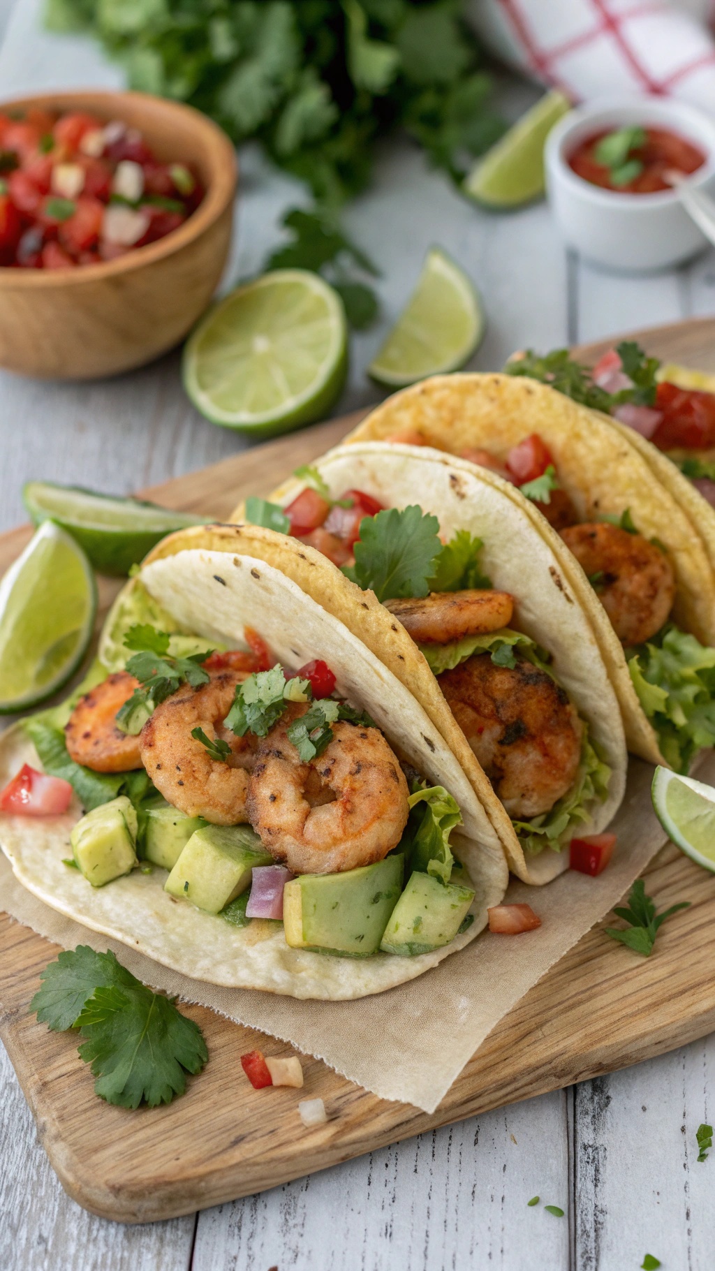 Three shrimp tacos with avocado salsa on a wooden board, garnished with lime wedges and fresh cilantro.