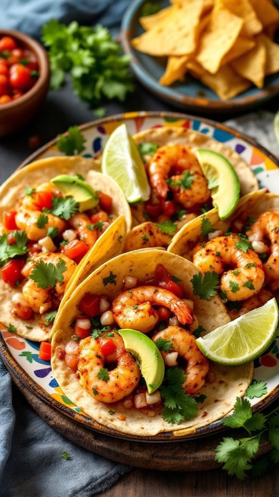 Delicious shrimp tacos with fresh salsa, lime wedges, and tortilla chips on a colorful plate.