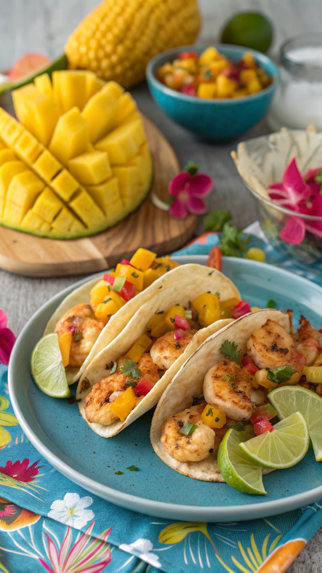 Plate of zesty shrimp tacos with mango salsa, garnished with lime and colorful ingredients.