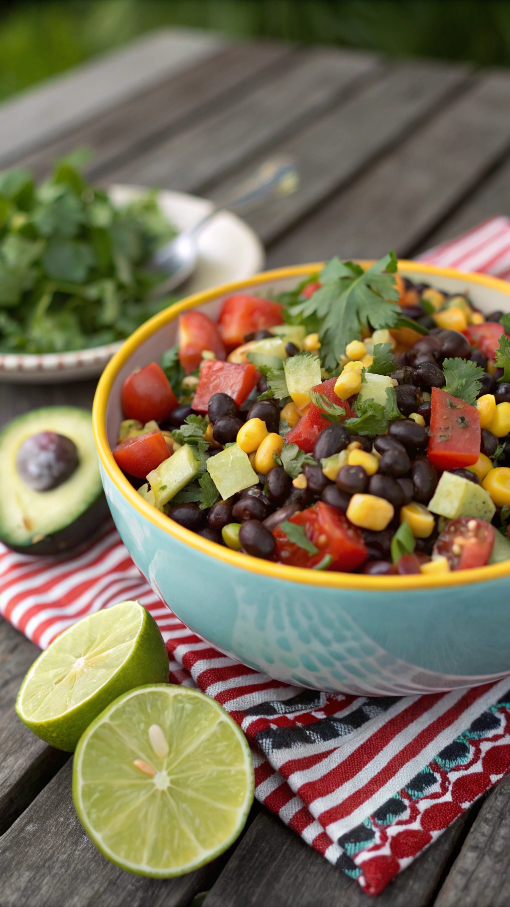 A colorful bowl of Zesty Southwest Black Bean Salad with black beans, corn, tomatoes, and avocado, garnished with cilantro and lime.