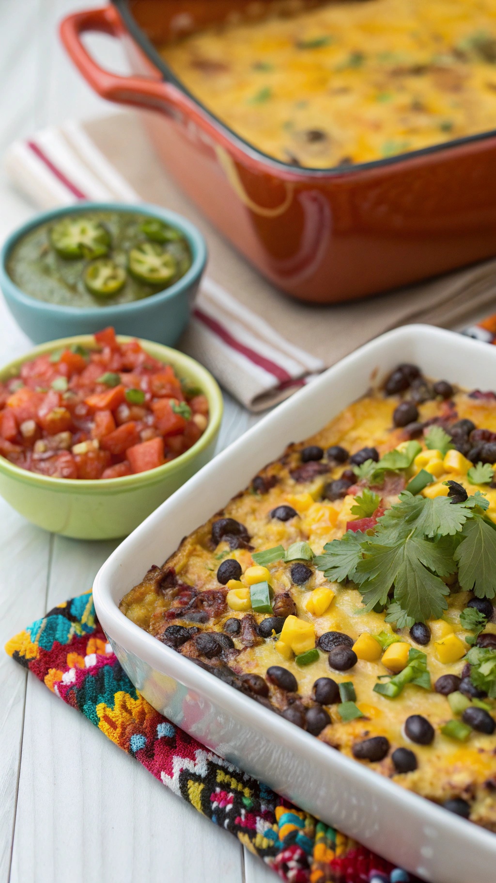 A colorful Southwest breakfast casserole topped with cheese, black beans, and corn, served with salsa and green sauce.