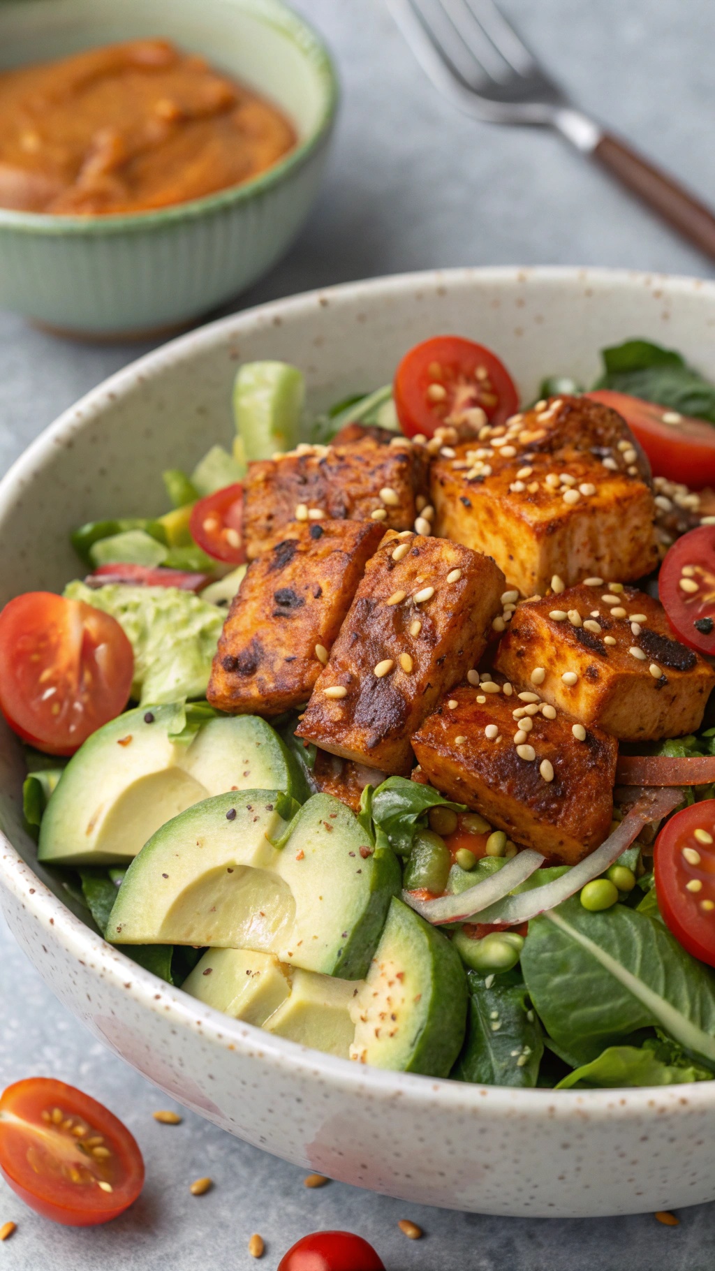A vibrant salad with crispy tofu, cherry tomatoes, avocado slices, and mixed greens, topped with sesame seeds.