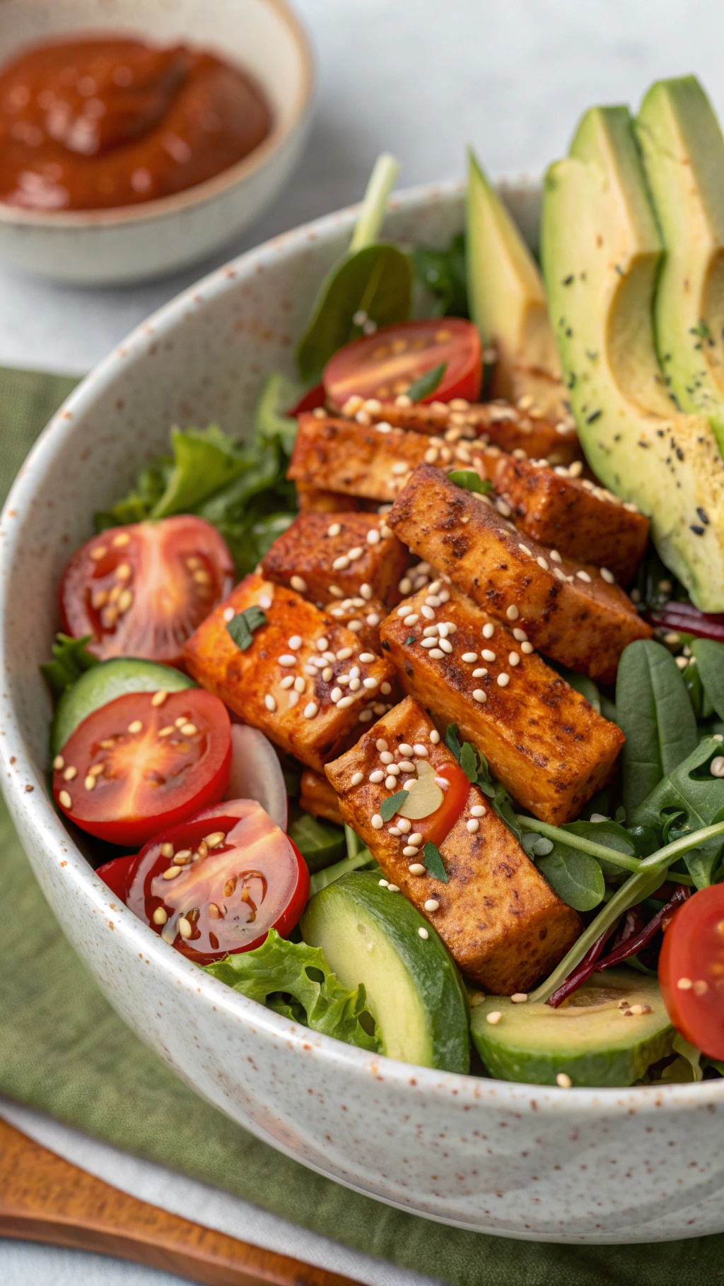 A vibrant bowl of zesty spicy tofu taco salad with fresh greens, cherry tomatoes, cucumber, and avocado.