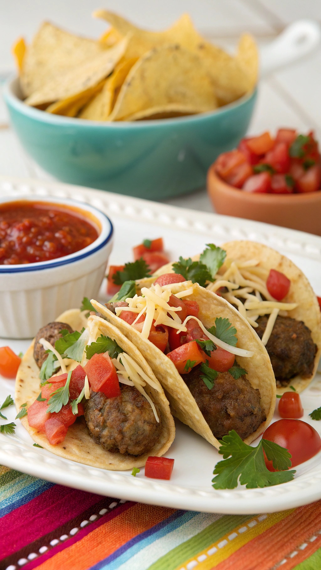 Taco meatballs served in tortillas with cheese, tomatoes, and salsa.