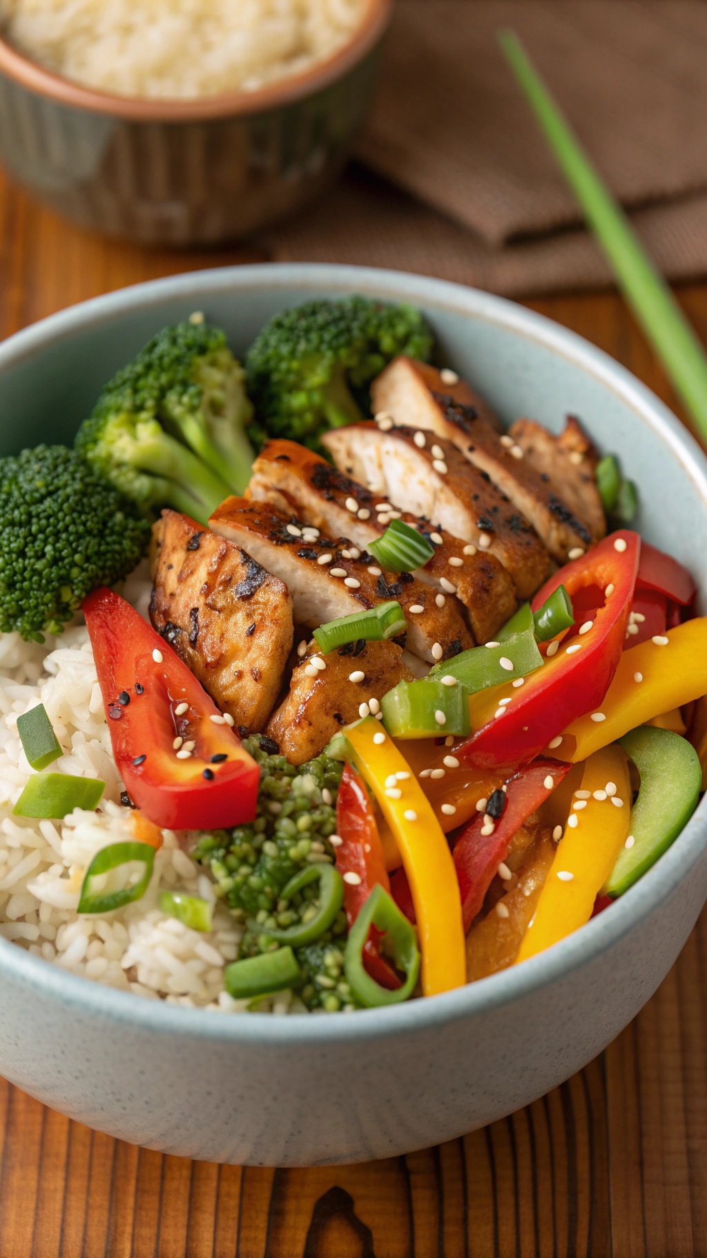 A colorful bowl of zesty teriyaki chicken with rice and vegetables.