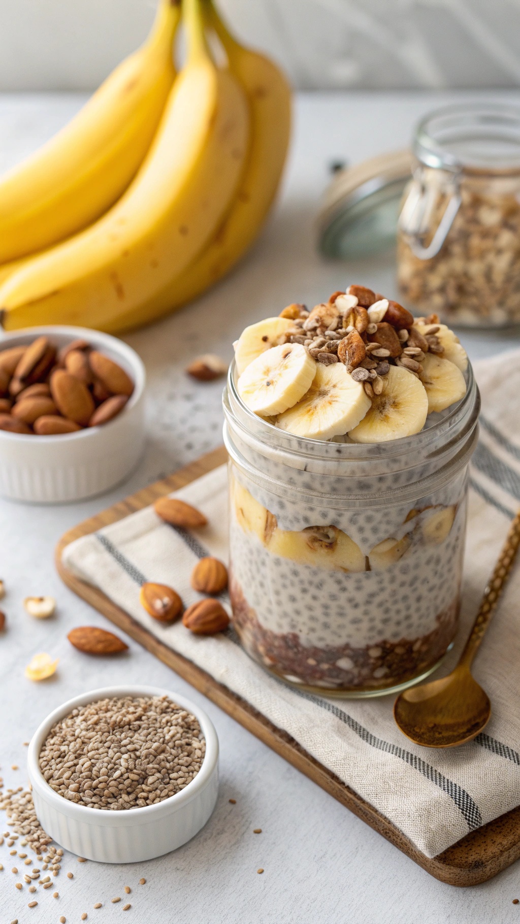 A jar of banana chia pudding topped with sliced bananas, granola, and sesame seeds, with bananas in the background.