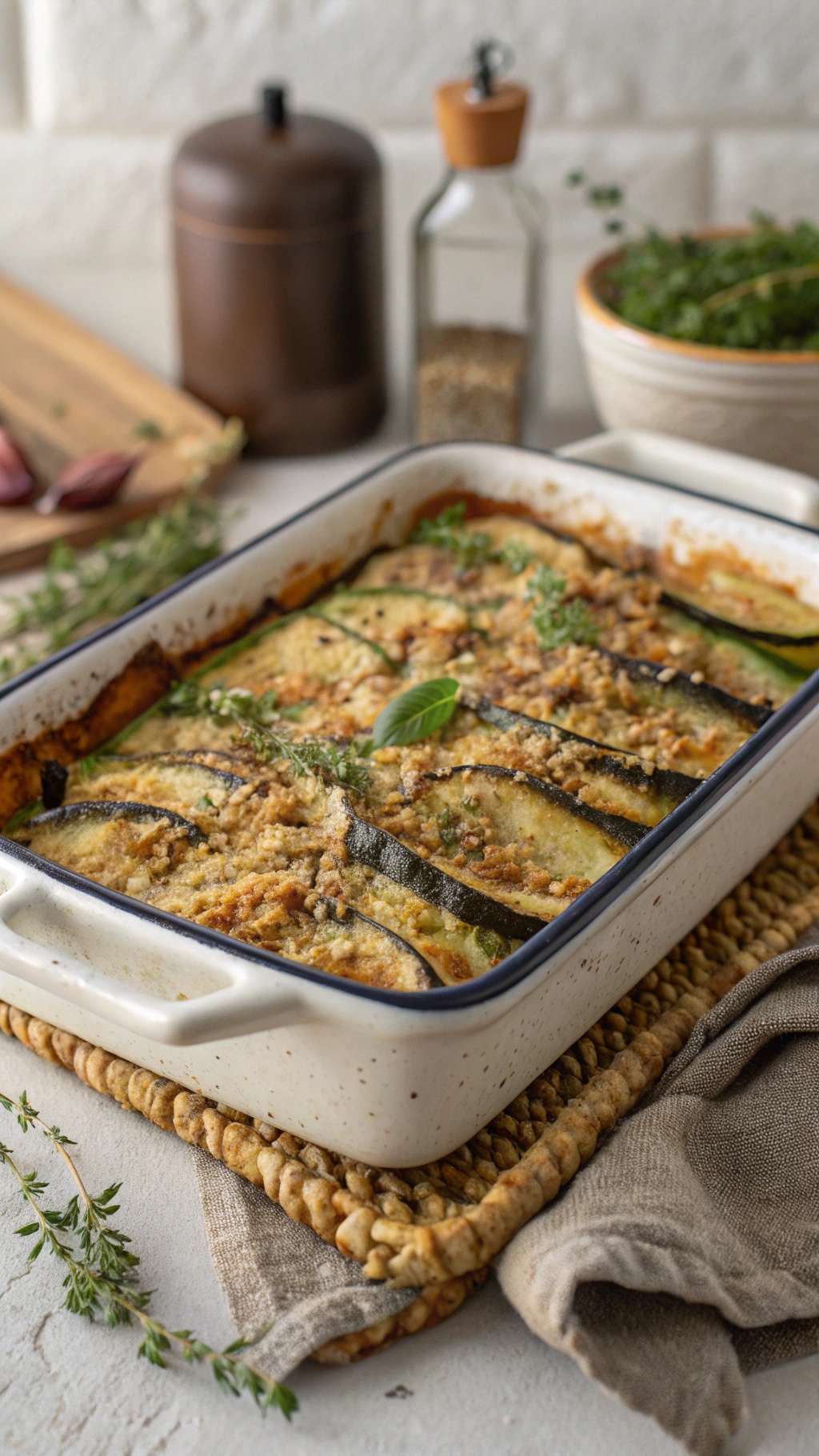 A delicious vegan eggplant and zucchini gratin in a baking dish, topped with herbs.