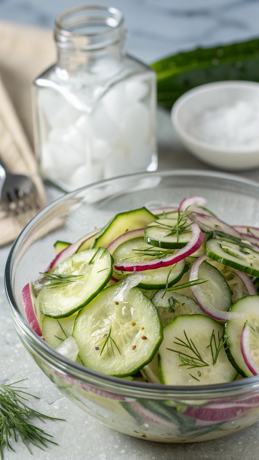 A bowl of zesty cucumber salad with sliced cucumbers, red onions, and fresh dill.