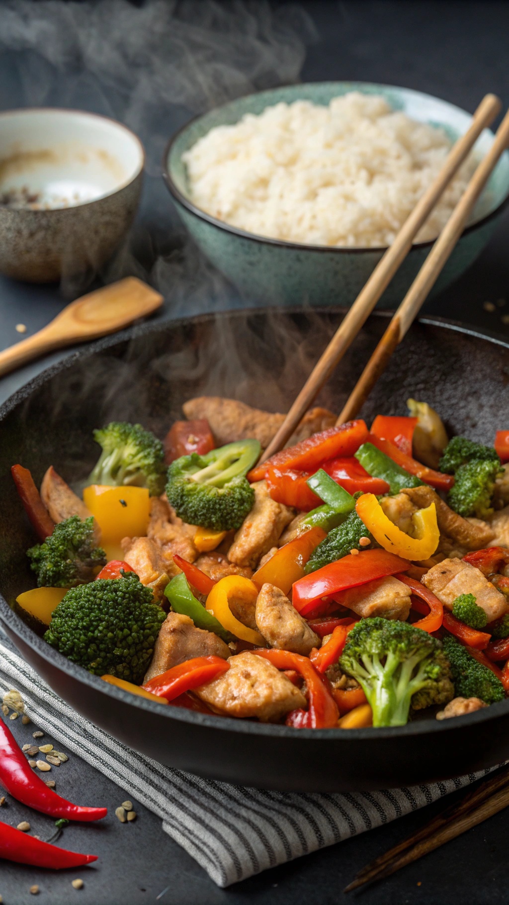 A colorful stir-fry with chicken, broccoli, and bell peppers in a black skillet, served with rice.
