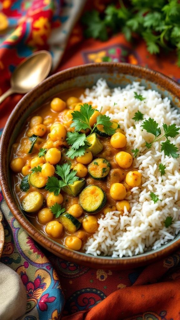 A bowl of zucchini and chickpea curry served with rice, garnished with cilantro.