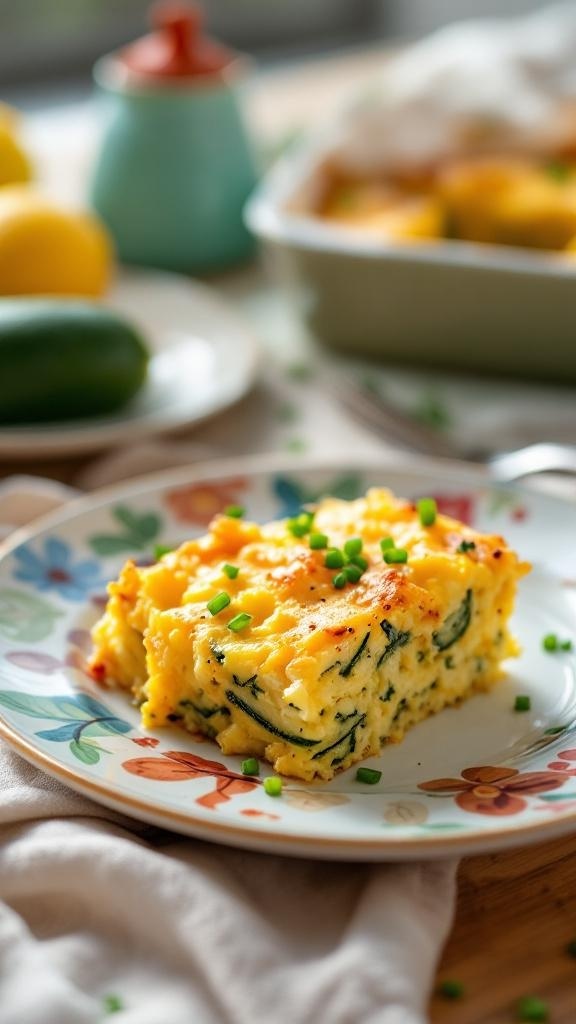 A slice of zucchini and egg casserole on a colorful plate, garnished with chives.