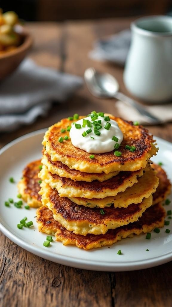 A plate of crispy zucchini and potato rosti topped with sour cream and chives.