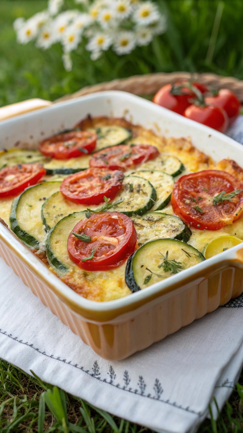 A delicious zucchini and tomato casserole baked in a dish, garnished with herbs, set against a grassy background.
