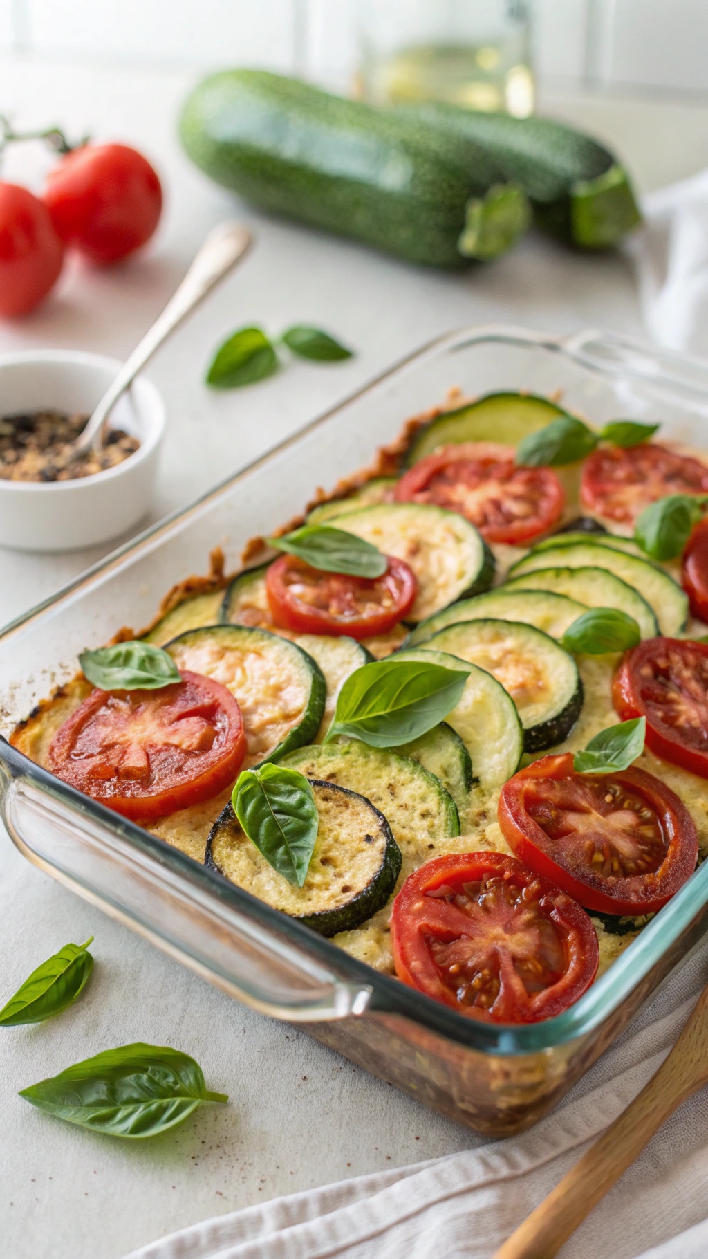 A delicious zucchini and tomato casserole topped with fresh basil leaves.
