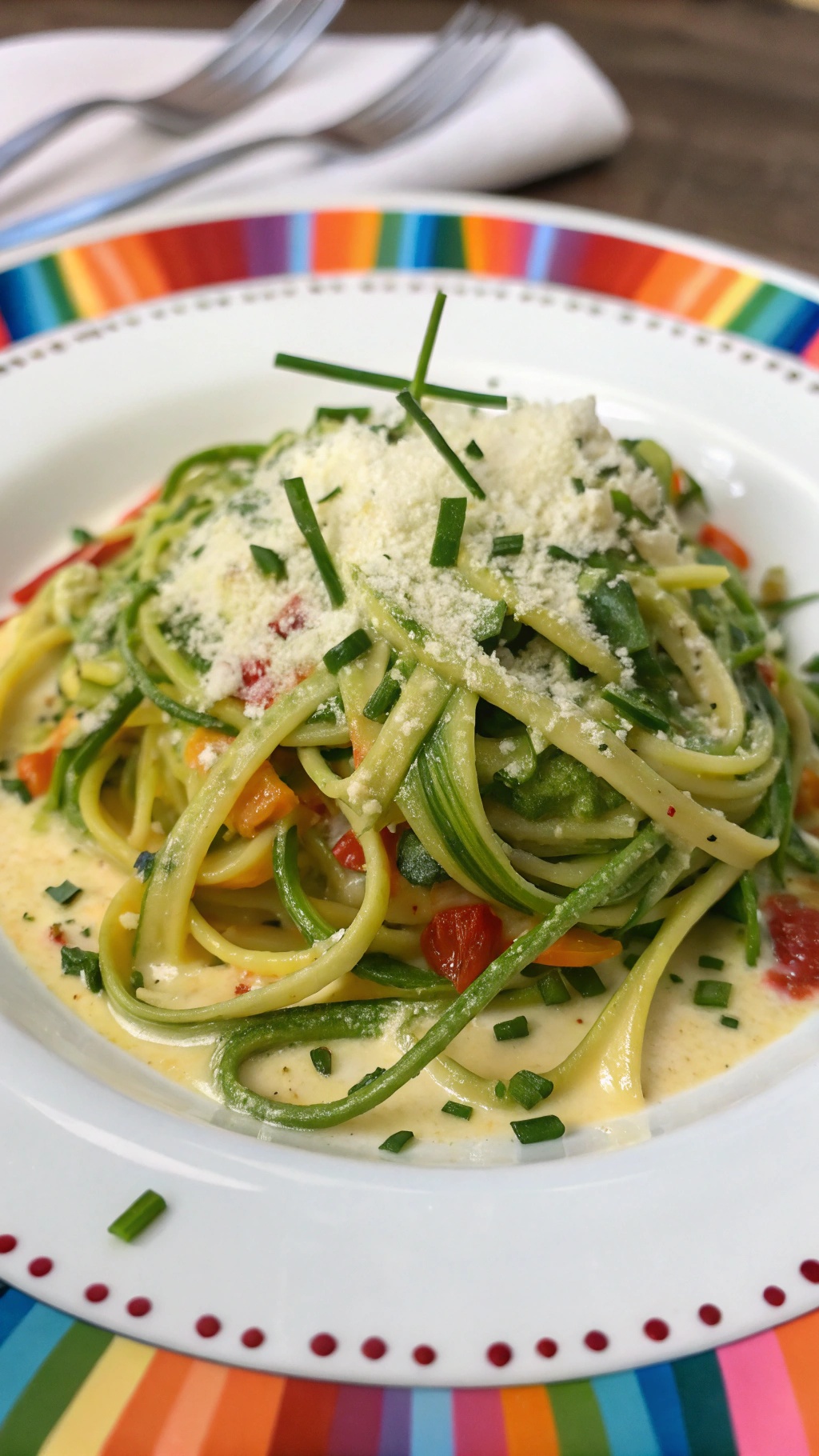 A colorful plate of zucchini noodle mac and cheese topped with herbs and cheese.