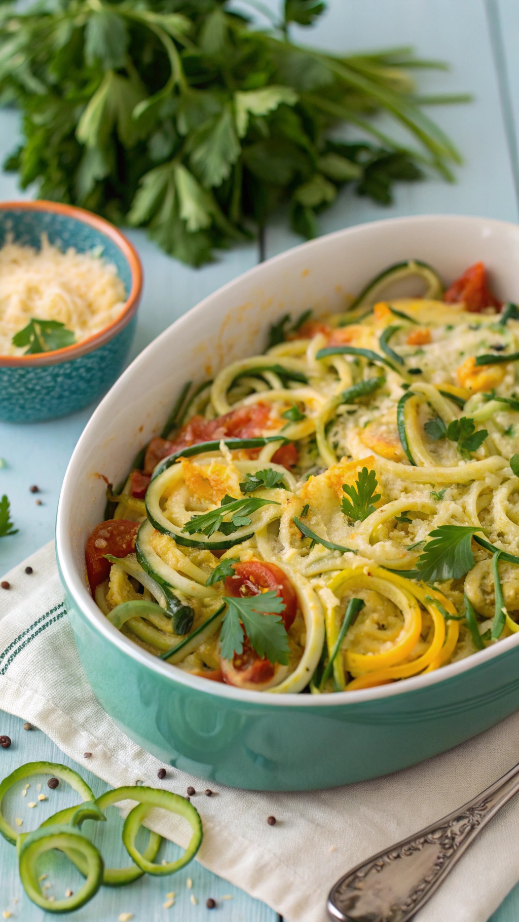A delicious zucchini noodle mac and cheese dish with fresh herbs and tomatoes.