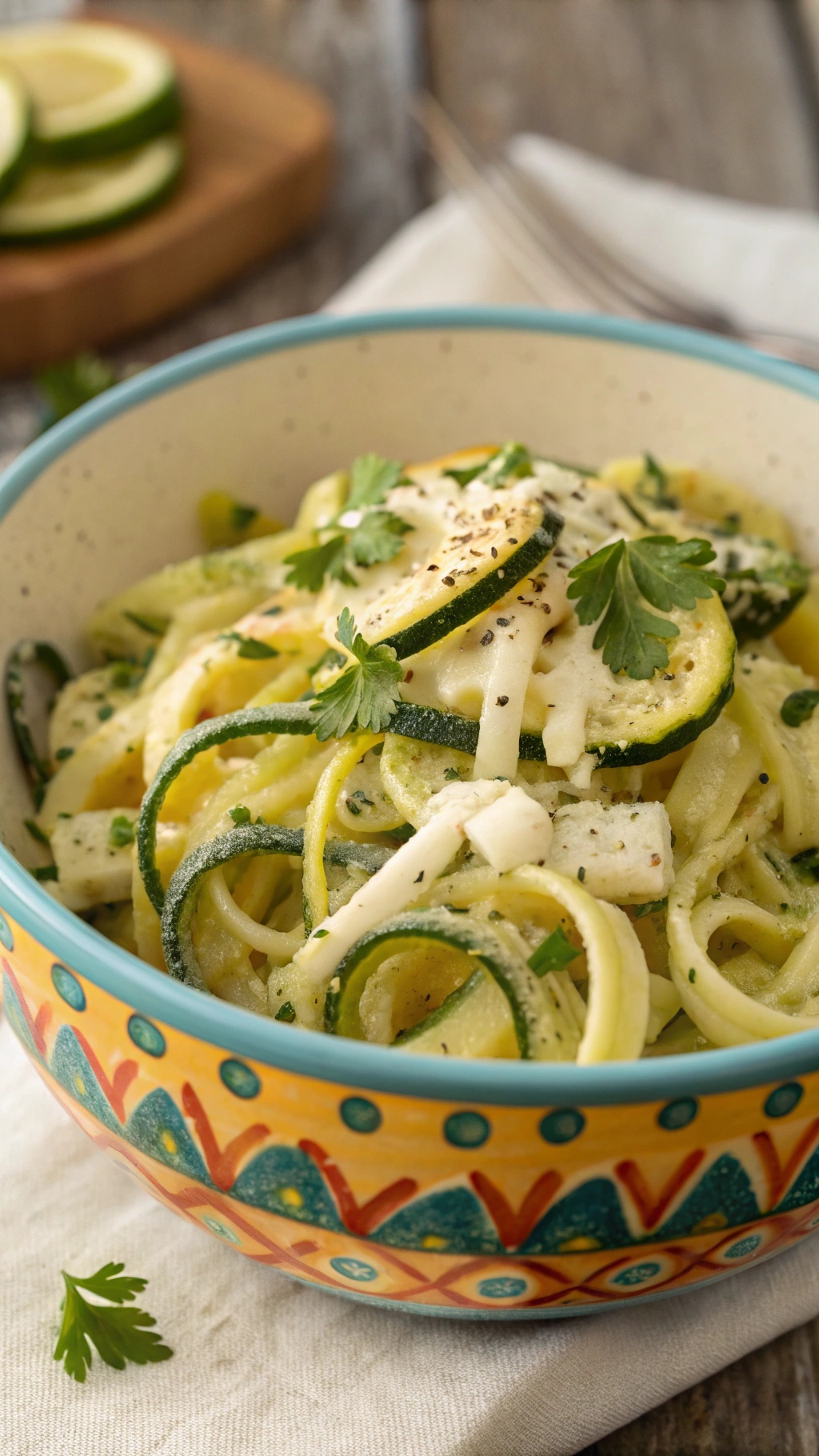 A bowl of zucchini noodles topped with cheese and herbs, showcasing a healthy mac and cheese alternative.