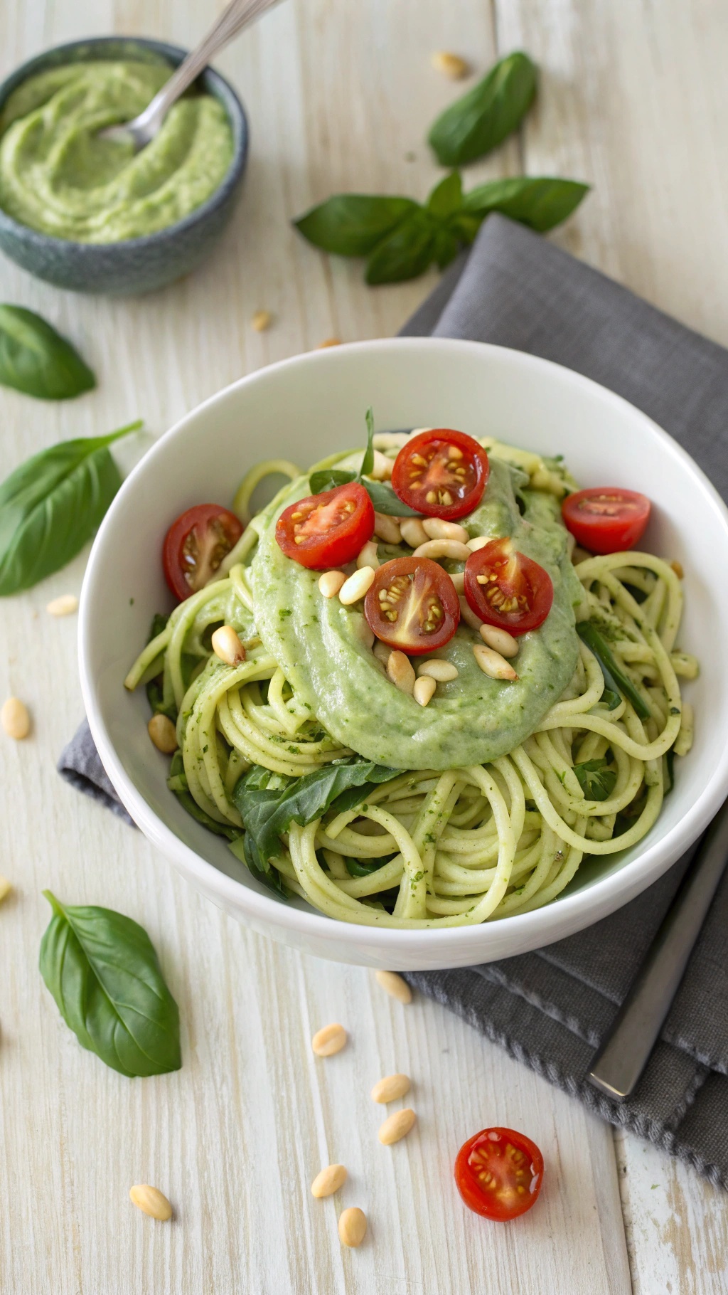 A bowl of zucchini noodles topped with avocado pesto, cherry tomatoes, and pine nuts.