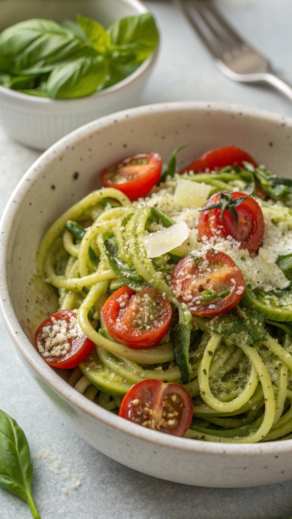 A bowl of zucchini noodles with pesto and cherry tomatoes, garnished with Parmesan cheese.