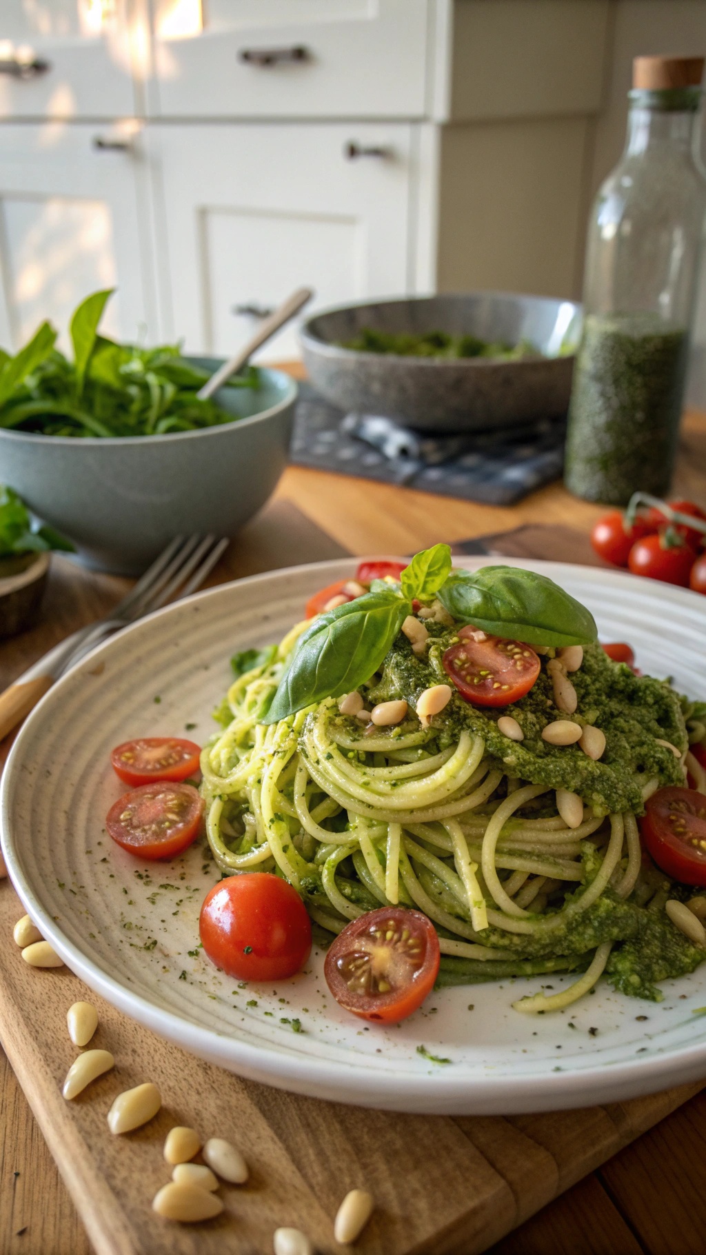 A plate of zucchini noodles topped with pesto, cherry tomatoes, and pine nuts, garnished with fresh basil.