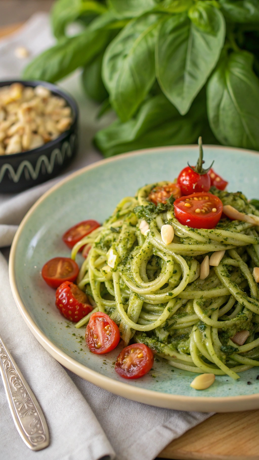 A plate of zucchini noodles topped with pesto, cherry tomatoes, and pine nuts, with fresh basil in the background.