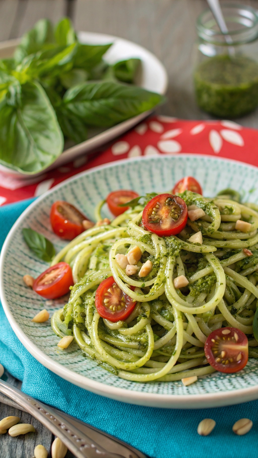 A plate of zucchini noodles with pesto, topped with cherry tomatoes and pine nuts, served on a colorful tablecloth.