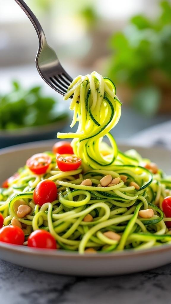 A plate of zucchini noodles with pesto, cherry tomatoes, and pine nuts.