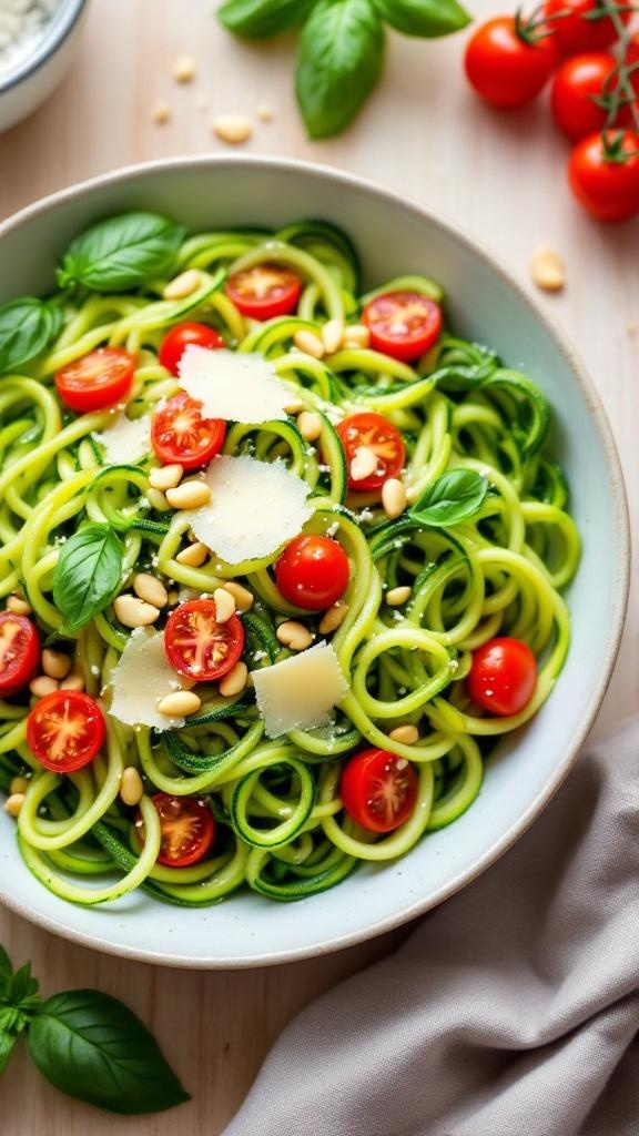A bowl of zucchini noodles topped with pesto, cherry tomatoes, and pine nuts.