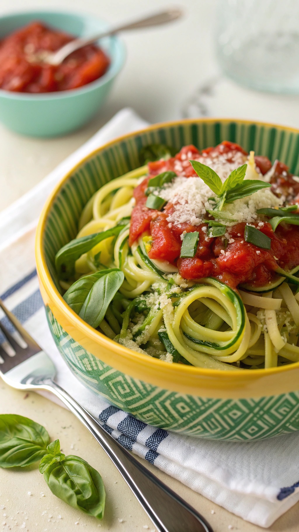 A bowl of zucchini noodles topped with tomato sauce, basil, and cheese.