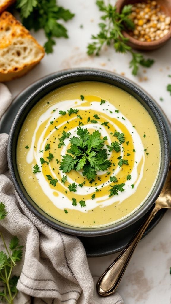A bowl of creamy zucchini soup garnished with fresh herbs and a swirl of cream, accompanied by crusty bread.