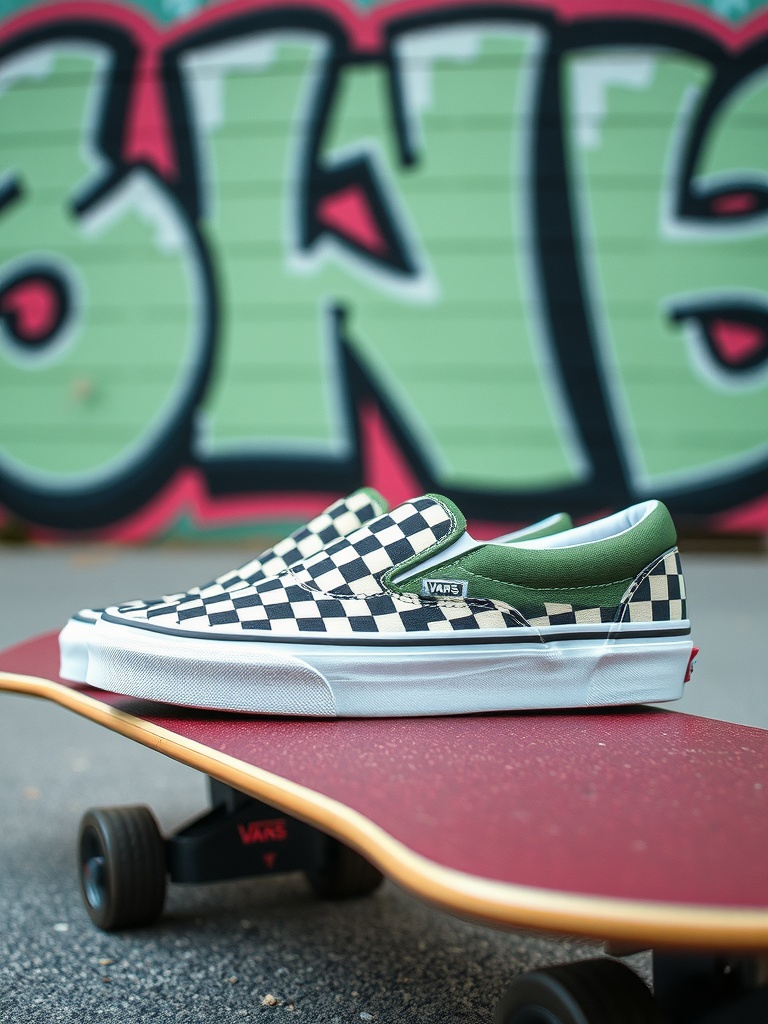 A pair of black and white checkered Slip-On Vans on a skateboard with graffiti in the background.