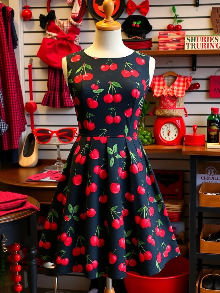 A cherry print dress displayed on a mannequin in a retro-themed store.