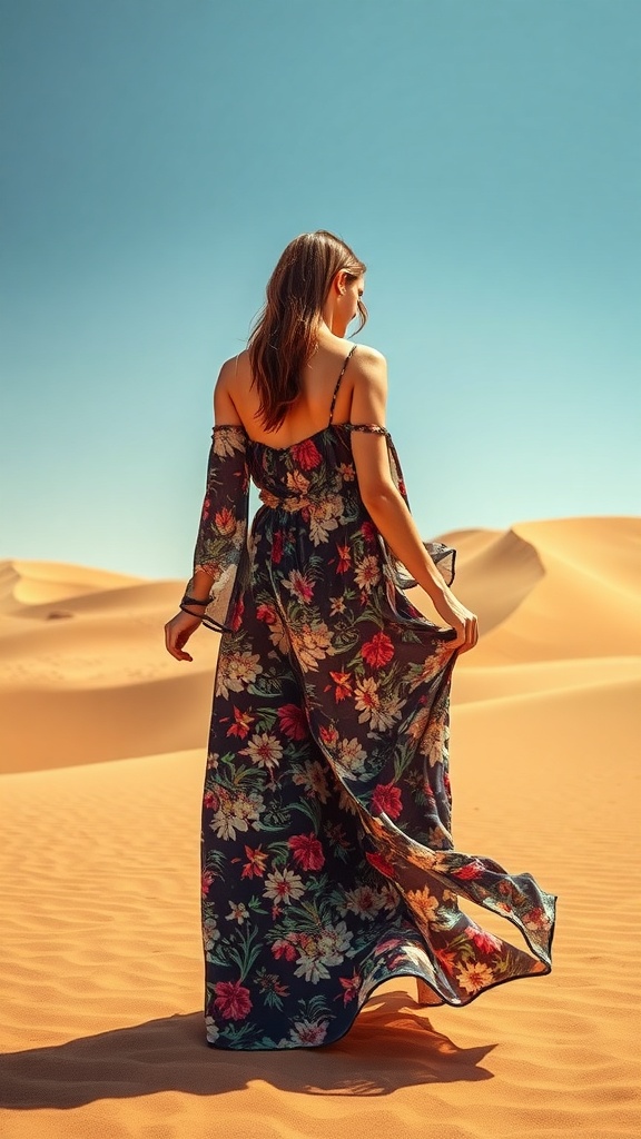 A woman in a floral maxi dress walking in the desert