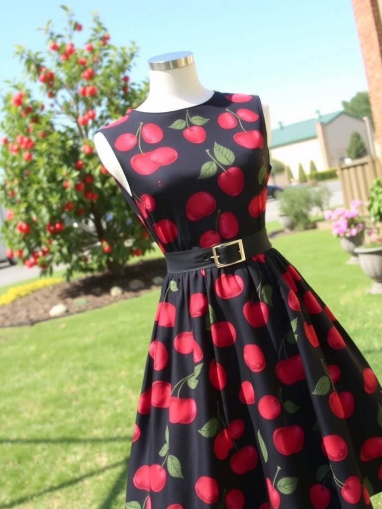 A cherry print dress on a mannequin in a garden setting