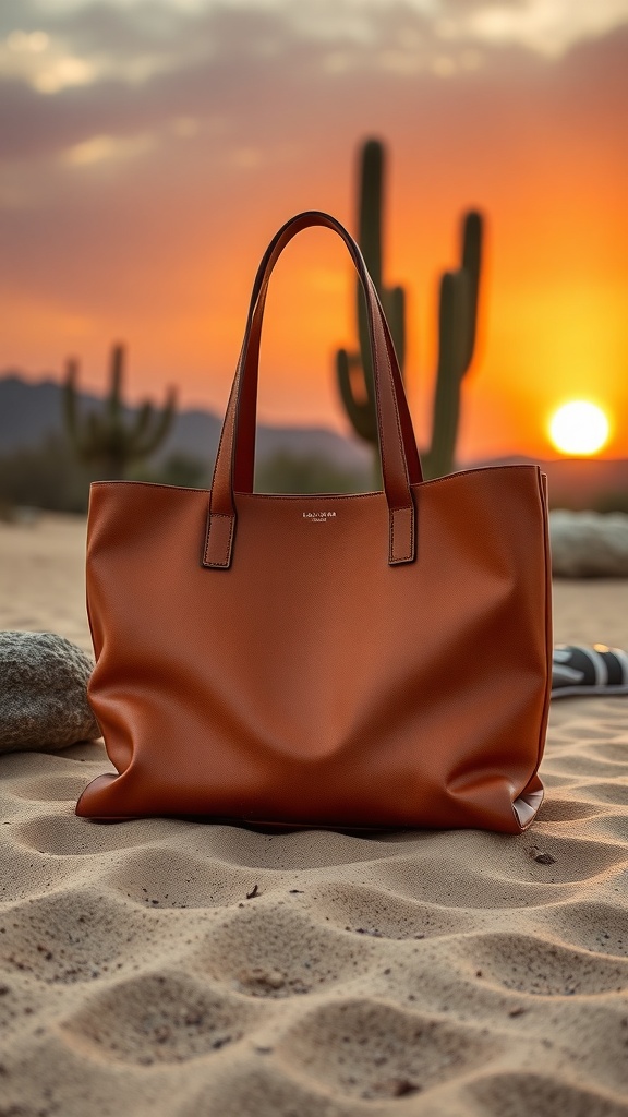 A brown leather Madewell Transport Tote resting on sandy desert ground with a sunset in the background.
