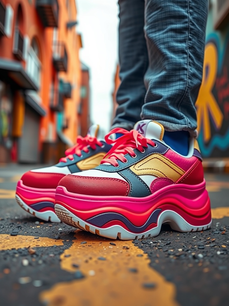 Colorful platform sneakers on a city street