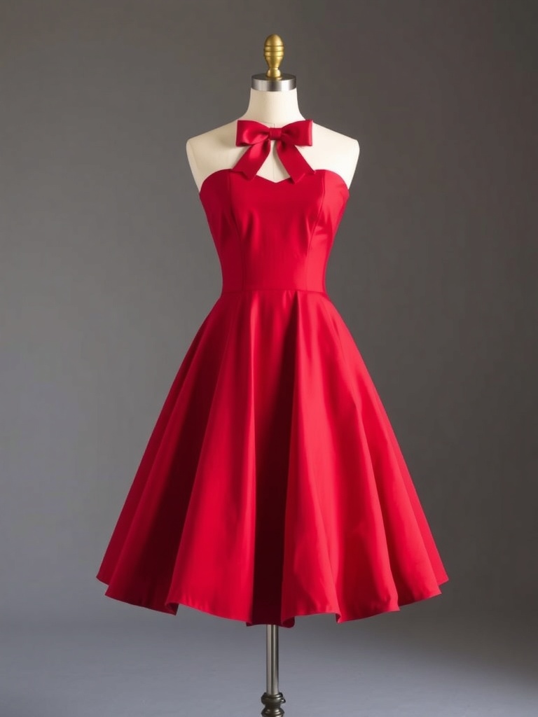 A vintage cherry red swing dress with a halter neckline and bow detail.