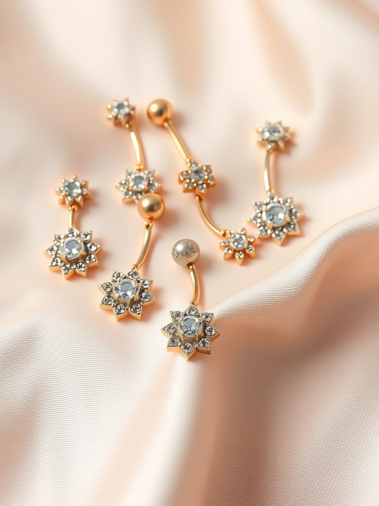 A collection of gold belly button rings with sparkling gems on a soft fabric background.