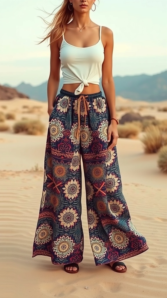 A woman wearing Free People Tulum Wide-Leg Pants in a desert setting, showcasing a boho style.