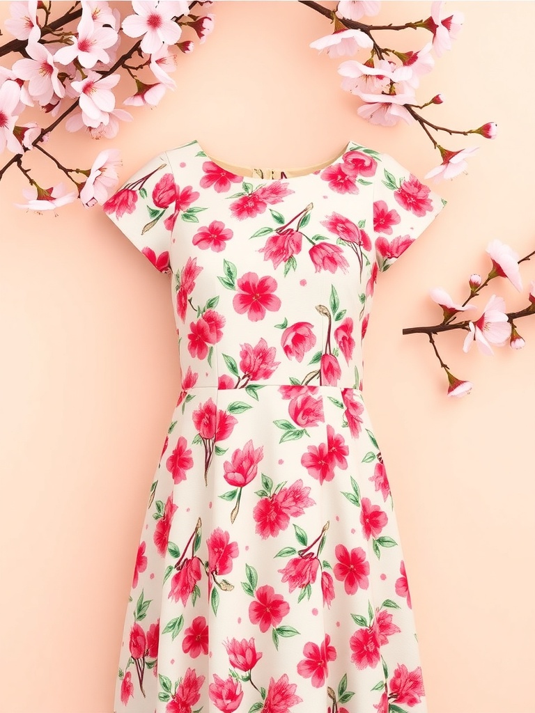 A floral dress with cherry blossom patterns in pink and red, set against a soft peach background.