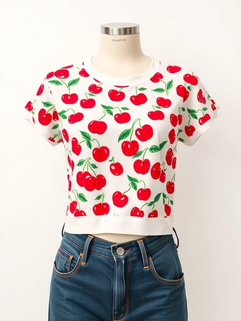 A cherry print top featuring red cherries on a white background, styled with high-waisted jeans.