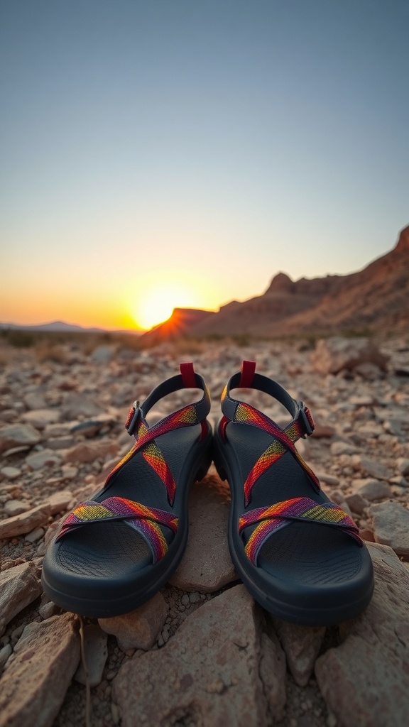 A pair of Teva Original Universal Sandals with colorful straps, placed on rocky ground during a desert sunset.