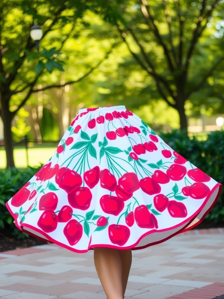 A vibrant cherry print skirt with a flared design, set against a lush green background.